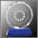 round beveled crystal circle award on blue base