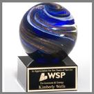 Blue white glitter gold sparkle clear sphere art glass award made by hand