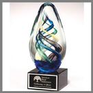 egg shaped clear blue green yellow art glass award made by hand